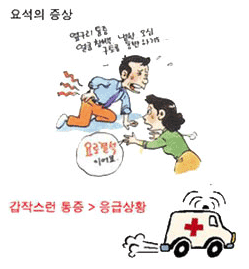 요석의 증상. 옆구리통증, 얼굴창백, 냉한, 오심, 구토를 동반. 갑작스런 통증 > 응급상황